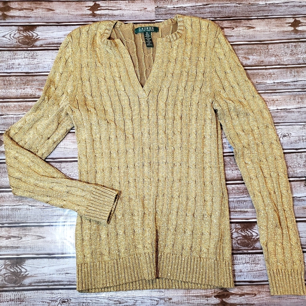 Lauren Ralph Lauren Gold with Metallic Threading Sweater Medium EUC
